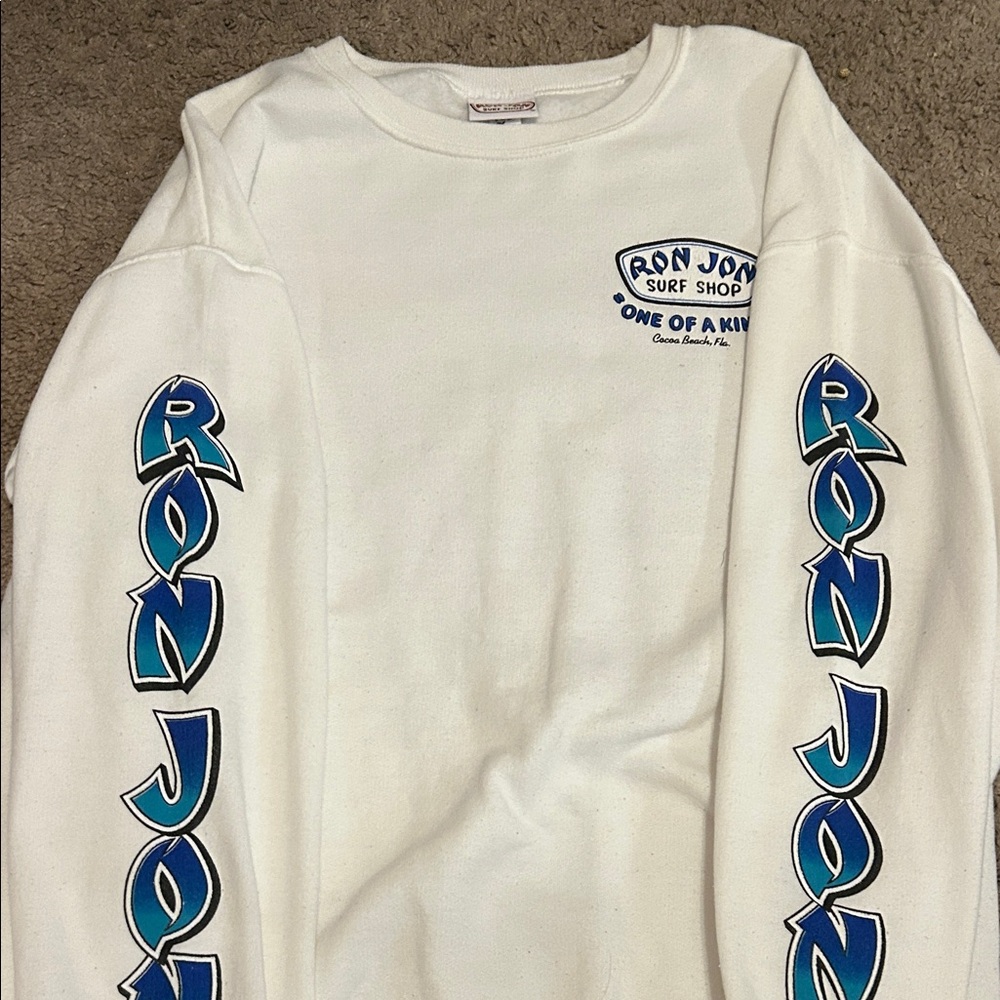 Ron Jon White Long-Sleeve Sweatshirt with Blue Sleeve Graphics